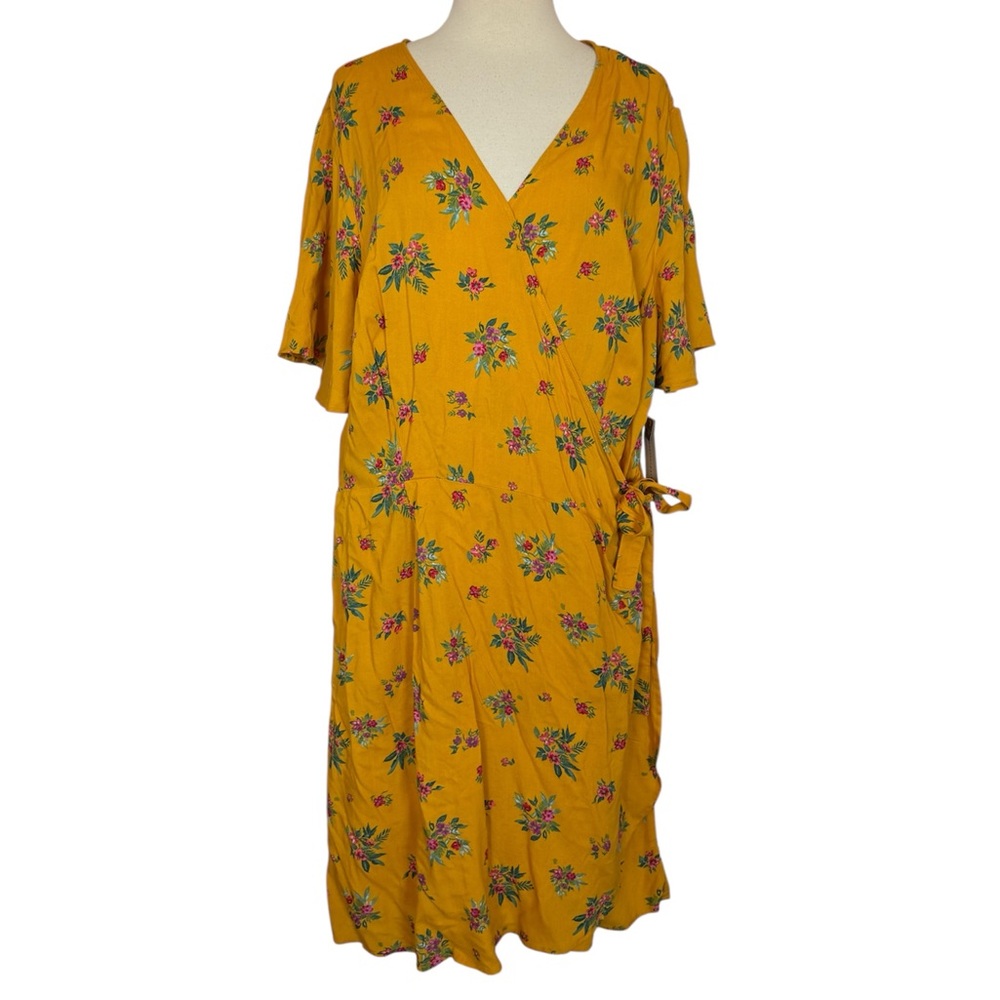 Peyton & Parker SZ 2X Mustard Yellow Gold Bree Floral Wrap Dress Short Sleeve